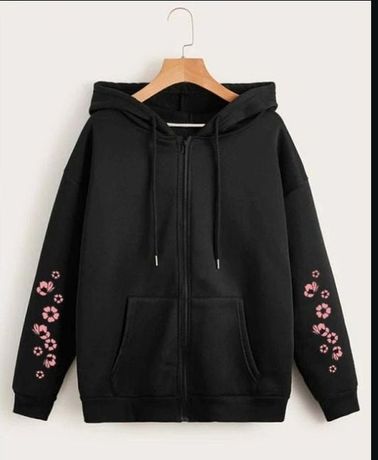 Black Zipper Hoodie Pink Flowers