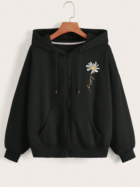 Black Zipper Hoodie Sunflower