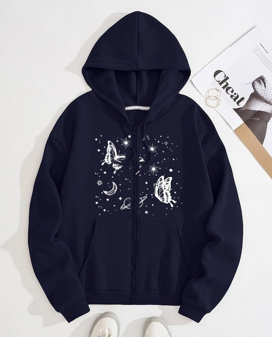 Navy Blue Zipper Hoodie Butterfly Satrun