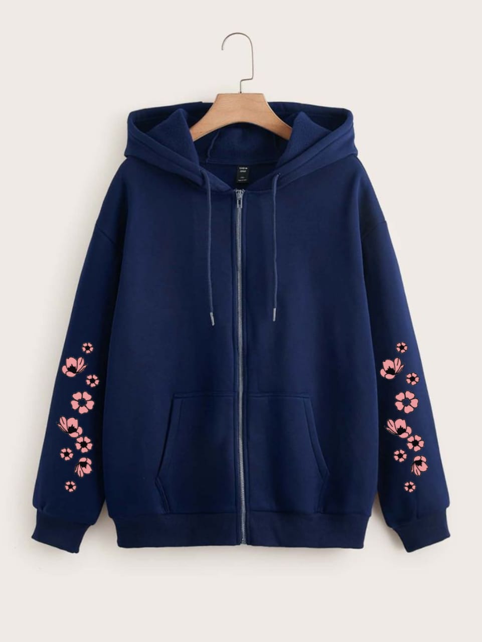 Black Zipper Hoodie Pink Flowers